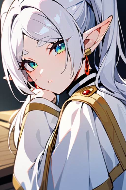 base: frieren, 1girl, earrings, elf, long hair, pointy ears, solo, twintails, green eyes, earrings, white hair, white capelet, white sleeves, long sleeves,