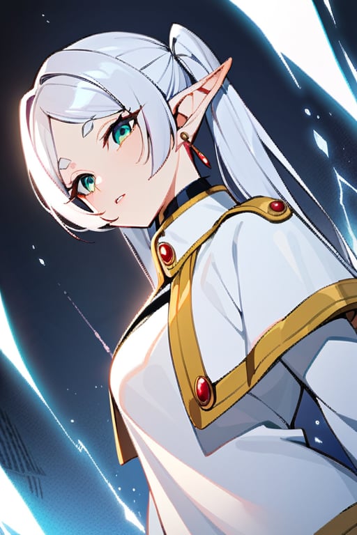 base: frieren, 1girl, earrings, elf, long hair, pointy ears, solo, twintails, green eyes, earrings, white hair, white capelet, white sleeves, long sleeves, big_boobies