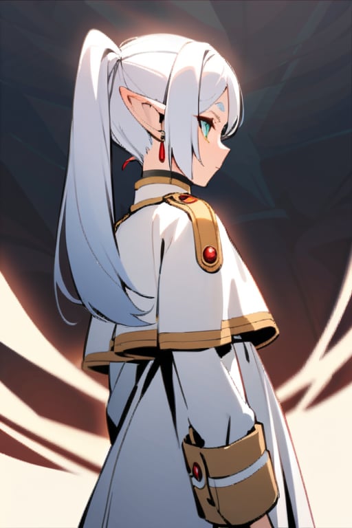 base: frieren, 1girl, earrings, elf, long hair, pointy ears, solo, twintails, green eyes, earrings, white hair, white capelet, white sleeves, long sleeves,