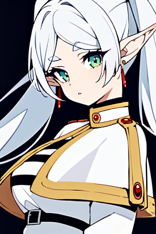 base: frieren, 1girl, earrings, elf, long hair, pointy ears, solo, twintails, green eyes, earrings, white hair, white capelet, white sleeves, long sleeves, big_boobies