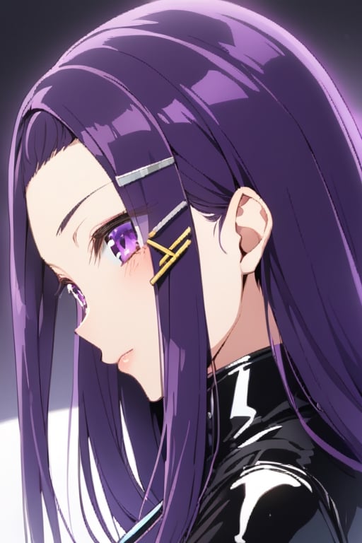 sayuri akino, long hair, hair ornament, hairclip, purple hair, purple eyes, forehead, latex 