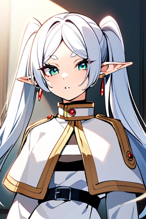 base: frieren, 1girl, earrings, elf, long hair, pointy ears, solo, twintails, green eyes, earrings, white hair, white capelet, white sleeves, long sleeves, big_boobies