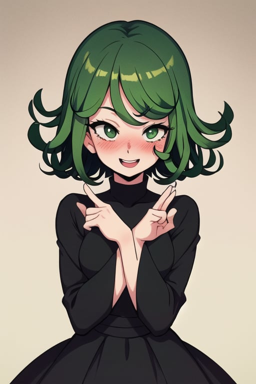 Tatsumaki, green eyes, green hair, short hair, 1girl, blushing happy
Outfits: black dress, tatsumaki, long sleeves
