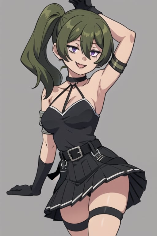 Ubel,skirt, medium hair, hair between eyes, green hair, side ponytail,purple eyes, gloves, dress, bare shoulders, pleated skirt, sleeveless, black gloves, elbow gloves, belt, miniskirt, black skirt, black footwear, (black dress, thigh strap, sleeveless dress, halterneck, armband, single glove, black belt, pleated dress, arm strap, happy_face