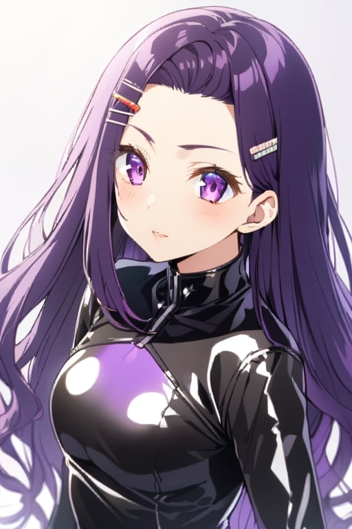 sayuri akino, long hair, hair ornament, hairclip, purple hair, purple eyes, forehead, latex 