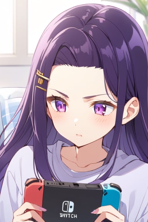 sayuri akino, long hair, hair ornament, hairclip, purple hair, purple eyes, forehead, nintendo_switch