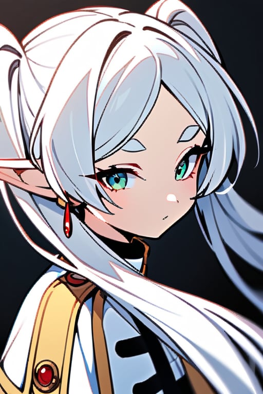 base: frieren, 1girl, earrings, elf, long hair, pointy ears, solo, twintails, green eyes, earrings, white hair, white capelet, white sleeves, long sleeves,