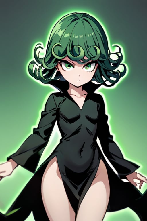 Tatsumaki, green eyes, green hair, short hair
Outfits: black dress, tatsumaki, long sleeves