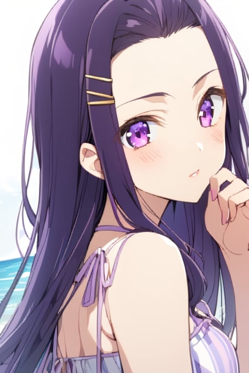 sayuri akino, long hair, hair ornament, hairclip, purple hair, purple eyes, forehead, bikini