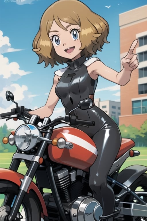 Serena, happy_face, motorcycle, latex_suit