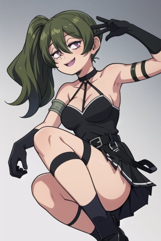 Ubel,skirt, medium hair, hair between eyes, green hair, side ponytail,purple eyes, gloves, dress, bare shoulders, pleated skirt, sleeveless, black gloves, elbow gloves, belt, miniskirt, black skirt, black footwear, (black dress, thigh strap, sleeveless dress, halterneck, armband, single glove, black belt, pleated dress, arm strap, happy_face,ubel