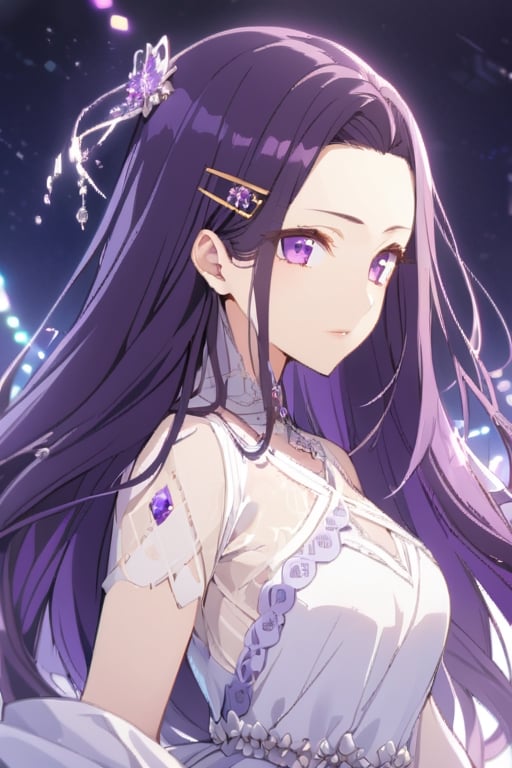 sayuri akino, long hair, hair ornament, hairclip, purple hair, purple eyes, forehead, dress