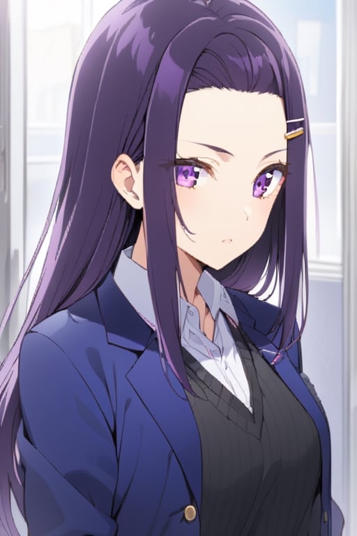 sayuri akino, long hair, hair ornament, hairclip, purple hair, purple eyes, forehead, shirt, white shirt, collared shirt, sweater, black sweater, blazer, blue blazer