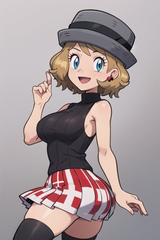 Serena, solo, short hair, (grey headwear:1.2), earrings, eyelashes, blue eyes, grey sweater, sweater vest, sleeveless turtleneck, bare arms, plaid skirt, red skirt, black thighhighs, happy_face, big_boobies