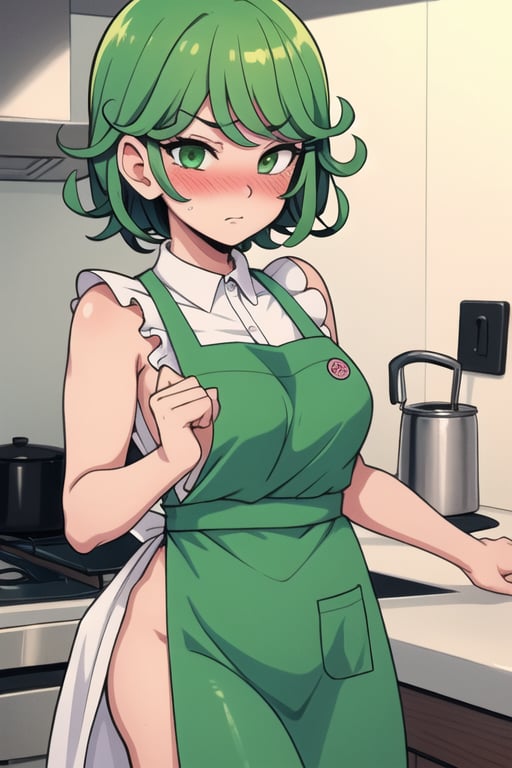 Tatsumaki, green eyes, green hair, short hair, 1girl, blushing
Outfits: kitchen apron
