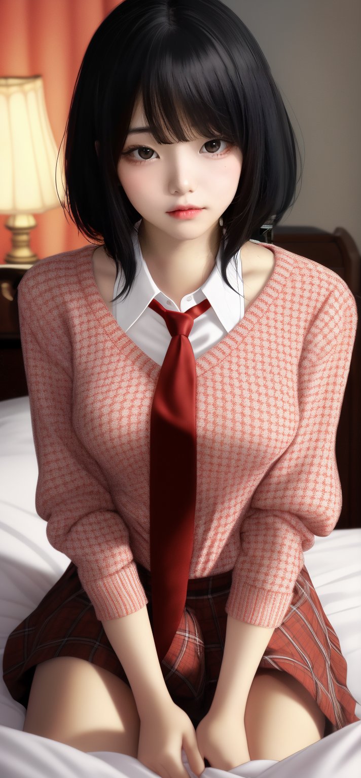 1girl,black-hair,(blunt_bangs),18 years old,red tie,loose socks,sitting on a bed 