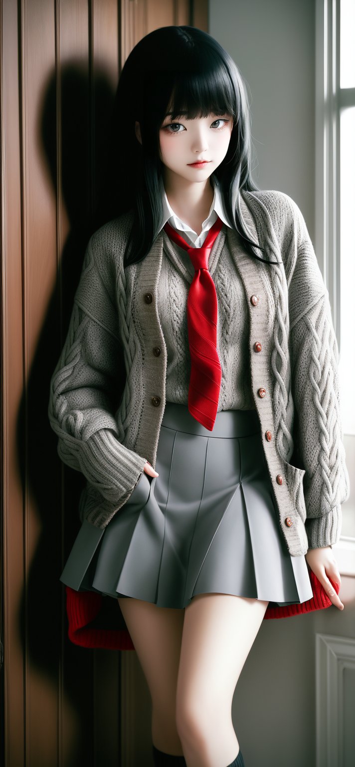 1girl,black-hair,(blunt_bangs),18 years old,school_uniform,knit cardigan,gray skirt,red tie,loose socks,