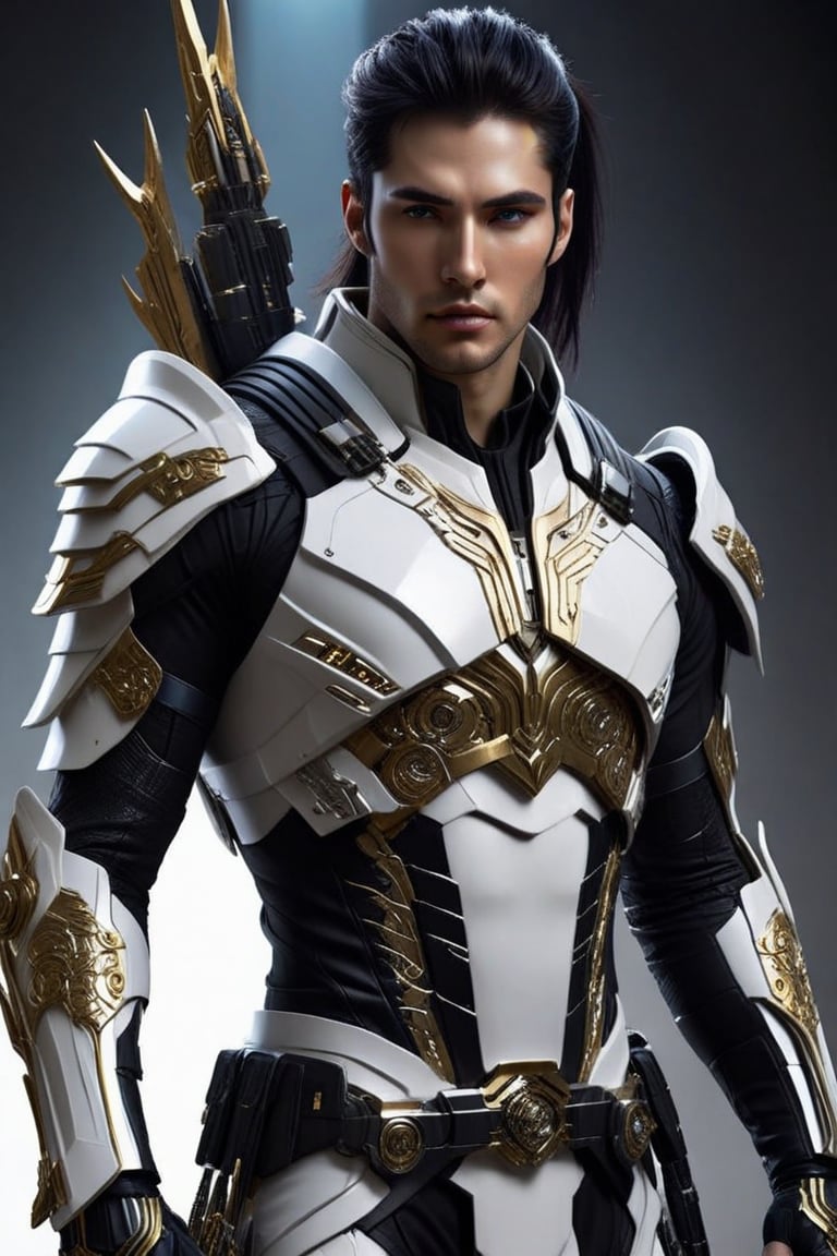 Sci-Fi. Icarion Anasem is a human being, a handsome man of 25 years old, ((caucasian)), long black straight hair, ponytail haircut, blue eyes.  athletic build.  ((white armor)). He wears a futuristic and highly cybernetic white and black armor. golden lines, black ornaments. Shinto iconography. Inspired by the art of Destiny 2 and the style of Guardians of the Galaxy.,perfecteyes