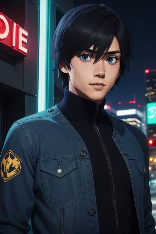 Hiro wearing the silver "Driver" jacket, black sweater, dark blue jeans. Hiro had an average build, height, and a standard "slim" male physique. Hiro is 16 years old. He had black, shaggy hair and rich blue eyes. In the background a night city with neon lights, interactive elements, very detailed, ((Detailed face)), ((Detailed Half body)), silver jacket, Color Booster, hiro_franxx,sciamano240