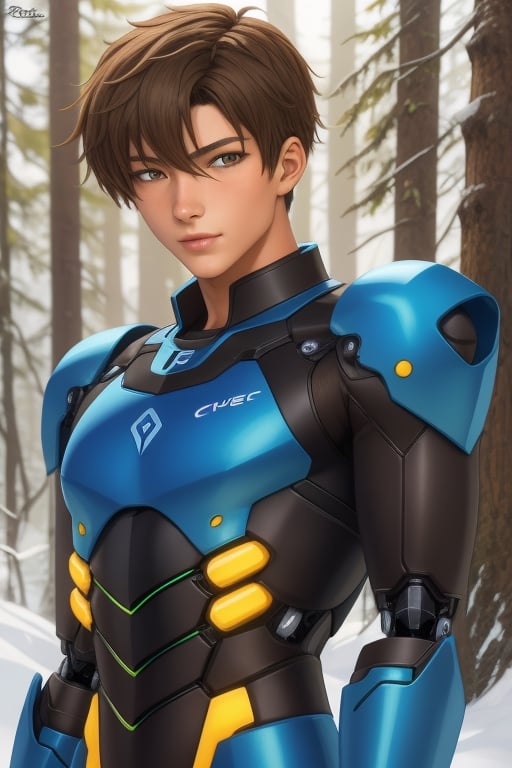 Toji ide, a handsome young man, 16 years old.  He has a short brown hair. brown eyes. tanned skin. wearing a cybernetic armor ((black, blue, yellow)). detailed cybernetic armor torso, detailed arms, In the background a winter forest, interactive elements, very detailed, ((Detailed face)),  Color Booster,  sciamano240, toji ide