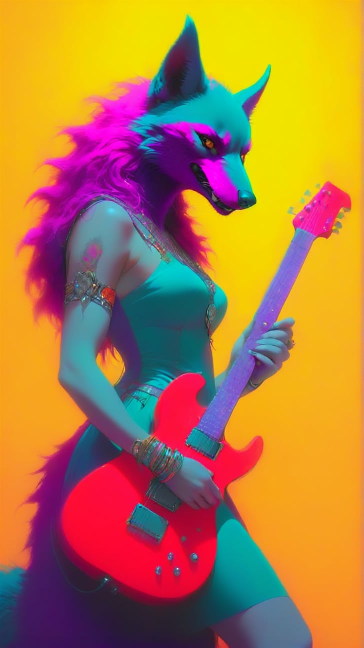 A futuristic female werewolf playing an electric guitar, symbolizing a timeless connection between past and future. vibrant colors. vibrant colors, MASTERPIECE by Aaron Horkey and Jeremy Mann, masterpiece, best quality, Photorealistic, ultra-high resolution, photographic light, illustration by MSchiffer, fairytale, Hyper detailed