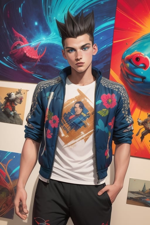 David Haller is a handsome 17-year-old young man. He has long black spiked hair and blue eyes. wearing a thigh-length jacket. wearing a printed t-shirt. He wears baggy pants. In the background a series of very detailed and unreal illustrations, surreal, abstract, lucid dreams, oneiric. interactive elements, highly detailed, ((Detailed Face)), ((Detailed Half Body)), Color Booster, sciamano240, Legion