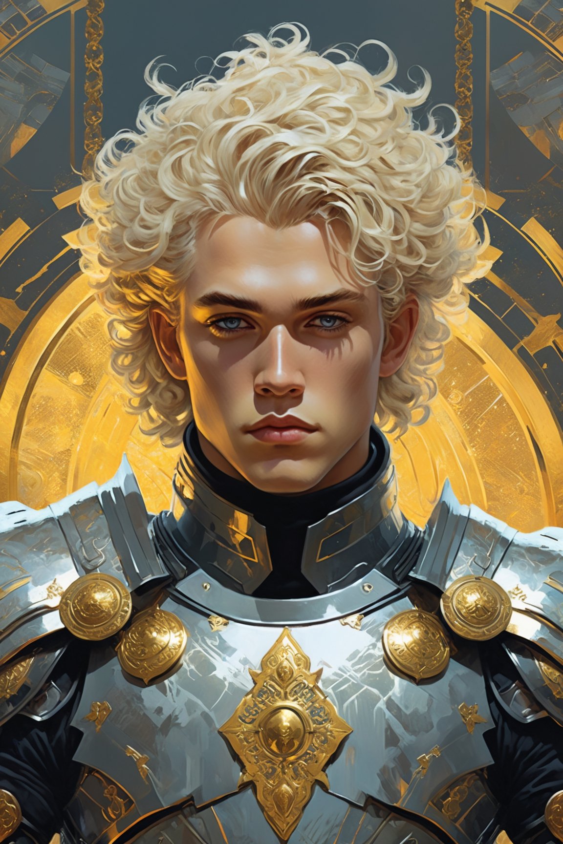 A handsome man of 25 years old, light blonde curly hair, Lorgar Aurelian, a warrior, gray cybernetic armor, golden ornaments, religious iconographic background, interactive image, highly detailed, art style by Clayton Crain + Ross Tran + Rachel Walpole + Jeszika Le Vye + Dan Volbert + Simon Stalenhag + Brian Stelfreeze