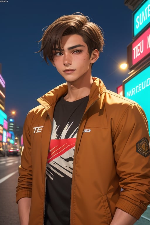 Toji ide, a handsome young man, 16 years old.  He has a short brown hair. brown eyes. tanned skin. wearing a jacket, thigh-length jacket. wearing a print t-shirt. In the background a night city with neon lights, interactive elements, very detailed, ((Detailed face)), ((Detailed Half body)), Color Booster,  sciamano240, toji ide