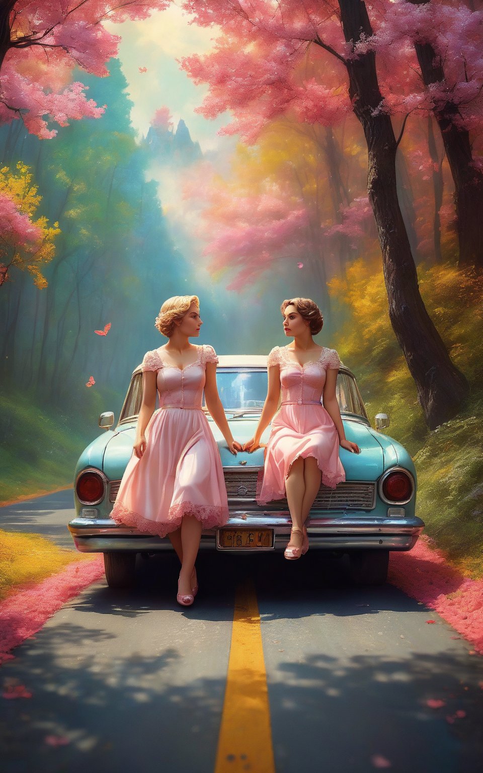 (The best quality, 8k, Highres, masterpiece), ultra detailed, (a couple of lesbians on the road), two beautiful women both in love with each other. The scene is represented in cake aesthetic realism, evoking a dream and surreal atmosphere. Despite the vintage photo style, the colors are soft and turned off, with a soft brightness that adds to the lovely environment of the wooded landscape. Lesbians serve as a focal point, their mysterious and intriguing presence in the context of the vast road extension. Feel free to add your own creative touches to improve the capricious charm and ethereal beauty of this unique and imaginative scene