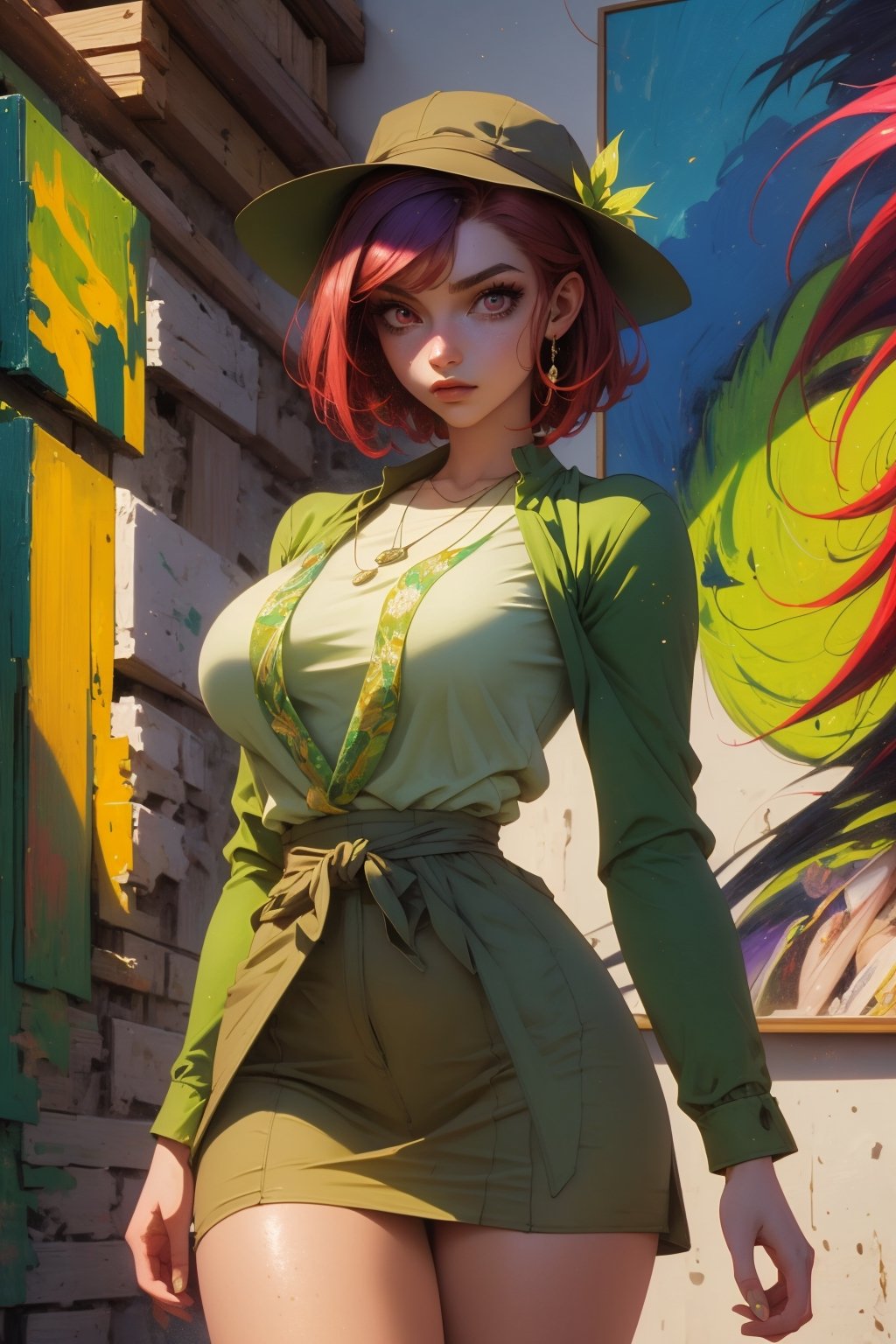 1girl, kyuo ryu, solo, oil painting, impasto, looking at viewer, a beautiful young woman, 18 years old, short purple_red hair, pixie haircut,  purple_red eyes. Rogue explorer DnD, green hat, tribal necklace, green rogue psychedelic outfit, miniskirt, big breasts, wide hips, wide thighs. psychedelic background, masterpiece, nijistyle, niji, , sciamano240, soft shading, kyuo ryu