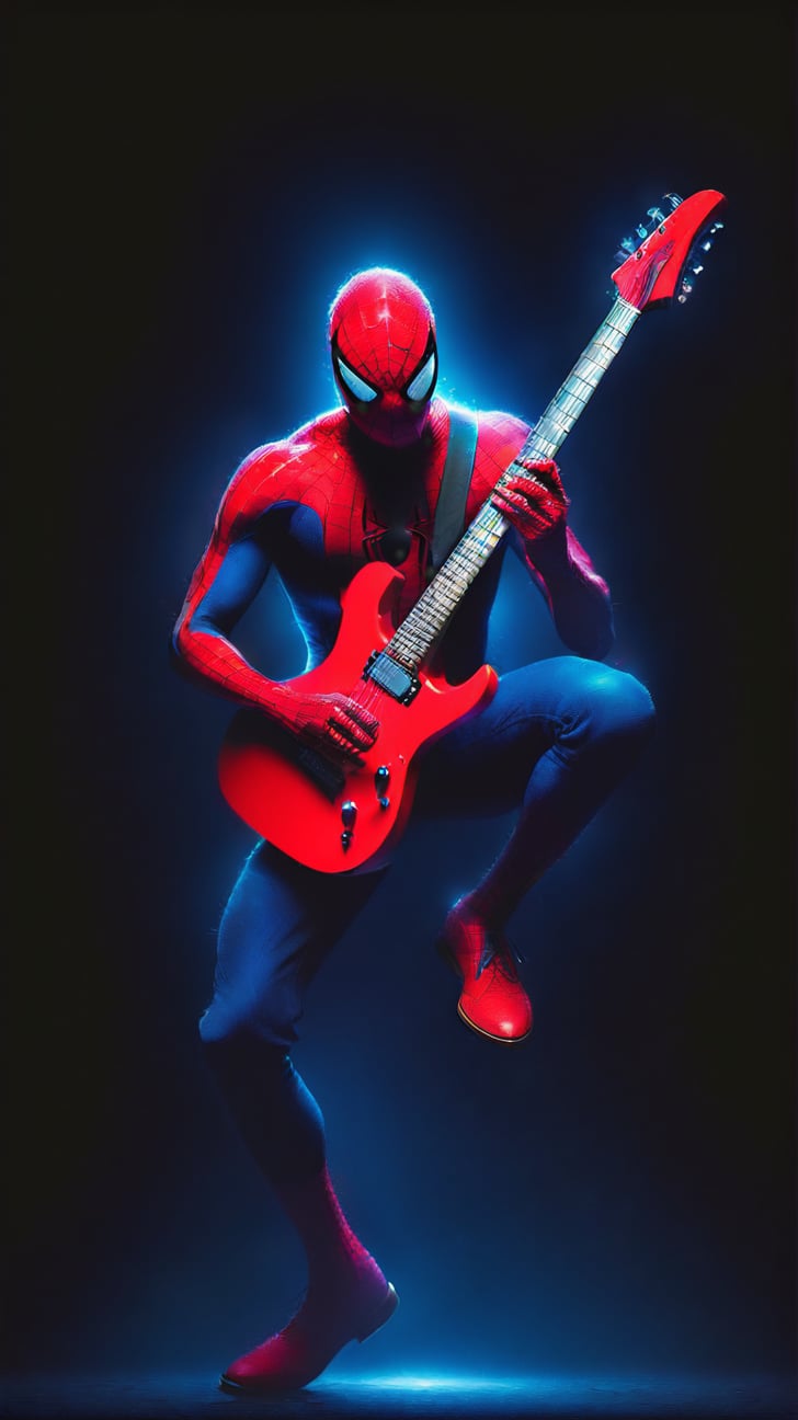 A futuristic spiderman playing an electric guitar, symbolizing a timeless connection between past and future. vibrant colors. vibrant colors, MASTERPIECE by Aaron Horkey and Jeremy Mann, masterpiece, best quality, Photorealistic, ultra-high resolution, photographic light, illustration by MSchiffer, fairytale, Hyper detailed