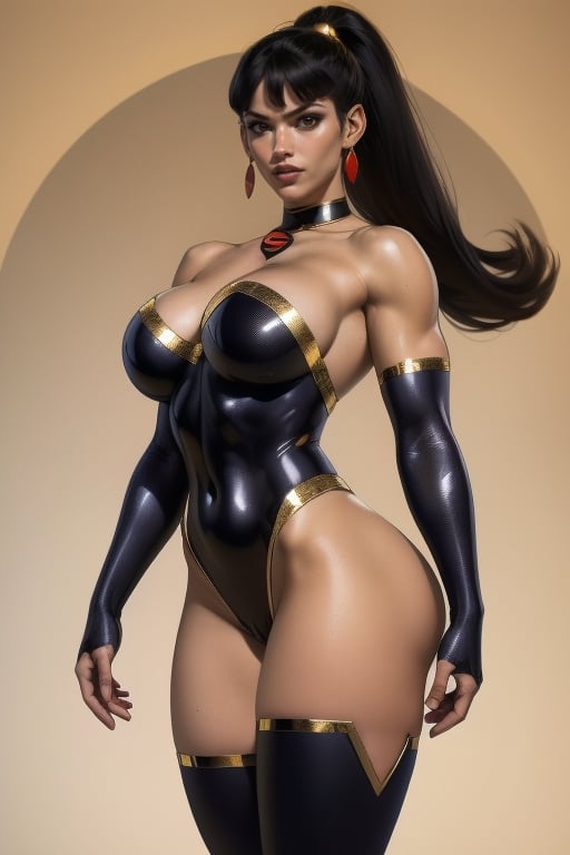 A powerful woman, 28 years old, superwoman, Mary Marvel, is tall and has a muscular build. Her long hair was straight and black, tied up in a ponytail. She has dark brown eyes. She has tanned skin. She is flirtatious. She is tall, has a muscular body, broad shoulders, muscular arms, big breasts, marked abdomen, wide hips, big butt, round butt, strong thighs. She wears a tight-fitting black leotard, leaves the upper part of her neckline exposed, leaves her legs exposed, wears two long gloves above the elbows that leave her hands exposed, wears long black stockings, uses gold ornate elements in her outfit . sciamano240, superwoman (mary batson), fantasy