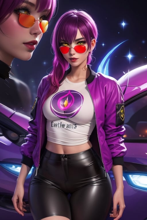 Evelynn is a beautiful young woman, 21 years old.  She has a short purple hair,  yellow eyes. red sunglass.  wearing a jacket, thigh-length jacket. wearing a print t-shirt. big breats, wide hips. In the background a series of highly detailed and unreal illustrations, surreal, abstract, lucid dreams, oneiric. interactive elements, very detailed, ((Detailed face)), ((Detailed Half body)), Color Booster,  sciamano240, Evelynn