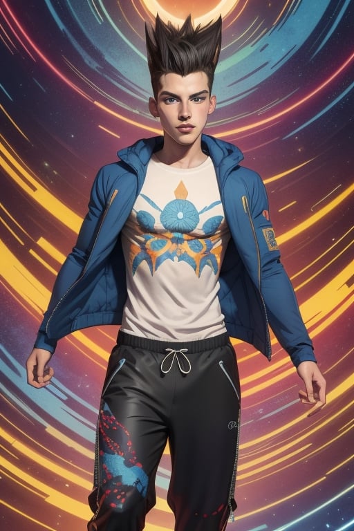 David Haller is a 17-year-old handsome young man. He has long black spiked hair and blue eyes. slim body. wearing a thigh-length jacket. wearing a printed t-shirt. He wears a black baggy pants. In the background a series of very detailed and unreal illustrations, surreal, abstract, lucid dreams, oneiric. interactive elements, highly detailed, ((Detailed Face)), ((Detailed Half Body)), Color Booster, sciamano240, Legion