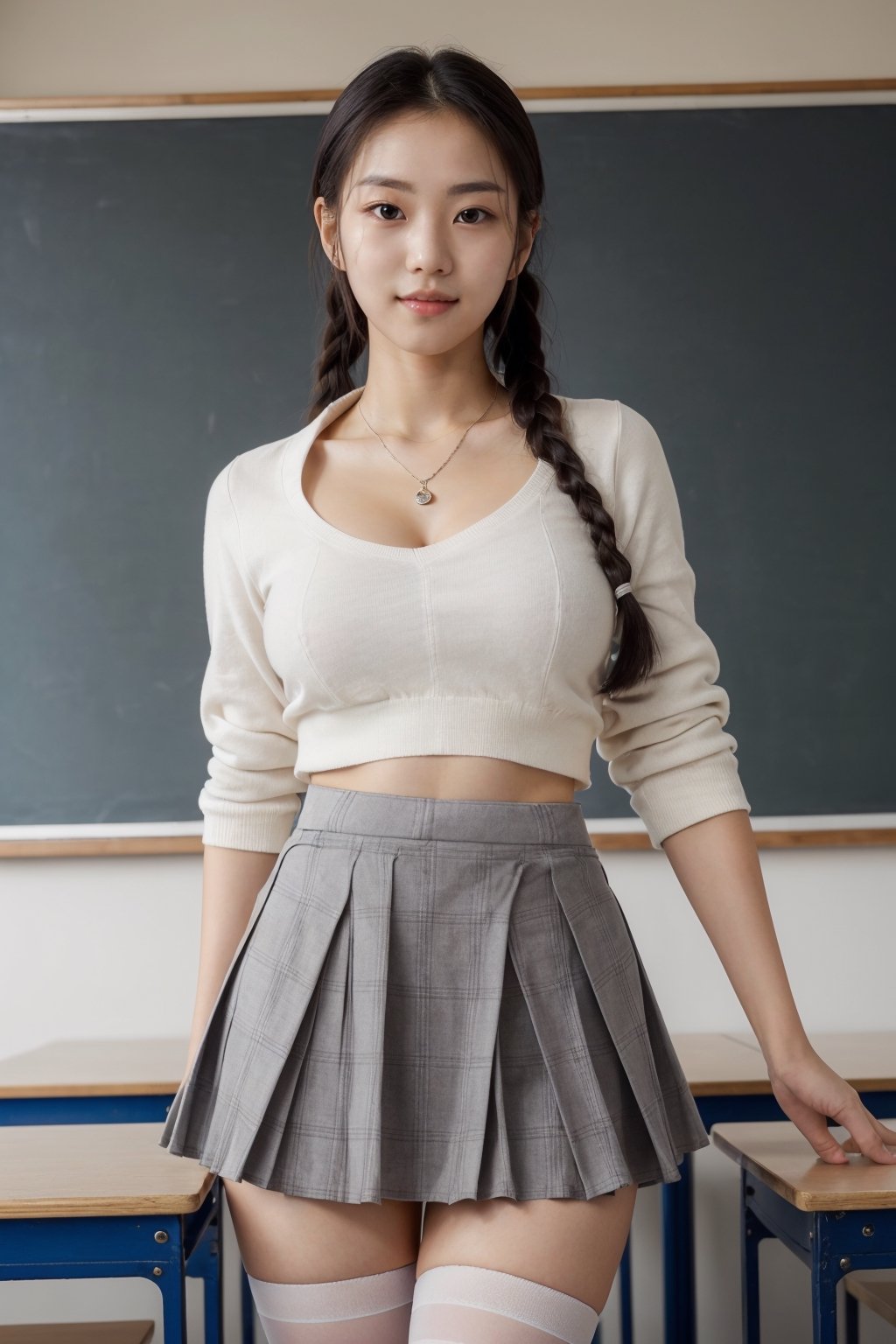 ((high resolution photograph)), ((photorealistic)), korean, 21 years old, korean sailor school uniform, classroom with blackboard, (very short miniskirt), braided hair, subtly cocky smile, confident, kpop idol face, cute eyes, perfect soft skin, (grey plaid miniskirt), (white kneesocks), subtle v-neck cleavage, (slightly visible butt), ((((upskirt)))), (((skirt lift))), Sexy Pose,photorealistic