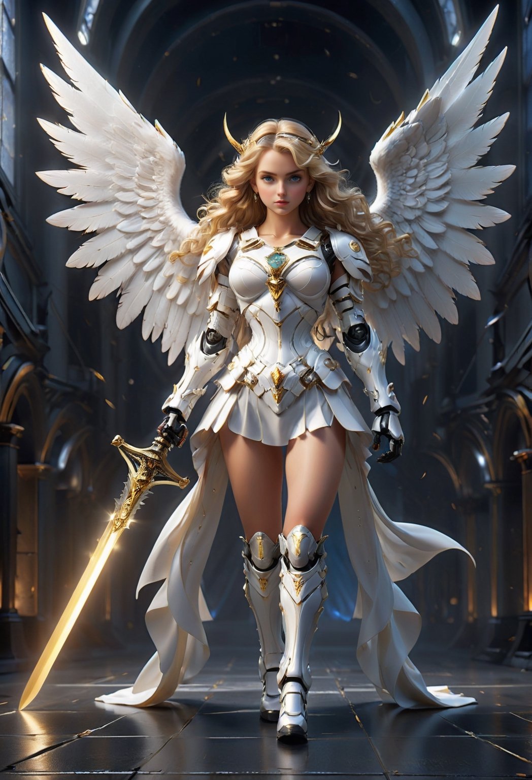 RAW photo, extremely delicate and beautiful, masterpiece, Best Quality, ultra high resolution, 16k, hyperrealistic, ultra-detailed, Very detailed CG 8k wallpaper, (best quality),(extremely intricate), (realistic), (sharp focus), (cinematic lighting), (extremely detailed), 

The girl angel warrior stands tall, her dual swords raised in the air. Her swords are long and slender, with blades that glow with a holy light. 

he archangel, standing aloft with thousands of angels, stands with his sword aloft.

She is wearing gleaming white armor, and 8 Angel Wings  are spread wide. She has a determined expression on her face, and her eyes are ablaze with determination. 

The girl angel warrior is not afraid. She has faced many challenges in her life, but she has always emerged victorious. She knows that she is fighting for what is right, and that gives her the strength to persevere. The girl angel warrior swings her swords, and the air crackles with energy. She is a force to be reckoned with, and her enemies should beware. Here is a more specific example of dual swords that the girl angel warrior could use: A pair of long, slender swords with silver blades and golden hilts. The blades are engraved with ancient runes that glow with a holy light. The hilts are shaped like a pair of angel wings, and they are encrusted with precious gems. These swords are not only beautiful, but they are also incredibly powerful. They are said to have been forged by a master swordsmith in the fires of heaven, and that they are imbued with the power of the angels. The girl angel warrior is the only one who can wield these swords to their full potential. She is a chosen one, and she has been entrusted with the task of protecting the innocent and fighting evil. With her dual swords in hand, the girl angel warrior is a unstoppable force. She is a champion of justice and a protector of the innocent. She is a beacon of hope in a world that is often dark and dangerous.,

Dragon armor, dragon slayer, dragon sword, the heavenly palace, the high-heaven palace, the angels preparing for battle, grant hall, shimmer lighting, black and white, cross bokeh,  soft focus background, vast view, 3d, midjourney ,no_humans, Dreamscape,

Beautiful Lighting, Perfect Lightning, Realistic Shadows, perfect anatomy, super Detailed skin, perfect figure,early 20s, pretty, sexy, highly detailed cute face, very large breast, voluminous breast, hourglass body shape, narrow waist, 

very small head, handsome detailed woman, very detailed eyes and face, realistic face proportions, Stunning detailed eyes, Realistic beautiful face, very small face, Realistic beautiful eyes, makeup, earring, bare legs, beautiful and very shiny thin legs, beautiful and very thin thighs,

Cute girl, long curly blonde hair, a pure white dress, blue eyes, fabulous white see-through korea-style clothes with complex patterns, see-through lace, (see-through mesh stockings), long heel, jewelry and jewelry, floating silk ribbons, masterpiece, high detail, complex and detailed background, in the background the space, a small a trickle, early morning, dew on the leaves, a light fog has almost dissipated, a mystical atmosphere, volumetric lighting, thin with a graceful figure,

 low contrast, rooftop, ancient korea, dynamic move, at night, landscape photo, ,dragon ear, gullveig, fullbody,huoshen,mecha
,fireman,mecha,mecha musume, angel, wings,iron, metal, eight-wing archangel, 8 Angel Wings,

,fate/stay background,4rmorbre4k,EpicSky,marb1e4rmor,hdsrmr,spartanarmor,Mecha,Renaissance Sci-Fi Fantasy,Roman,robot