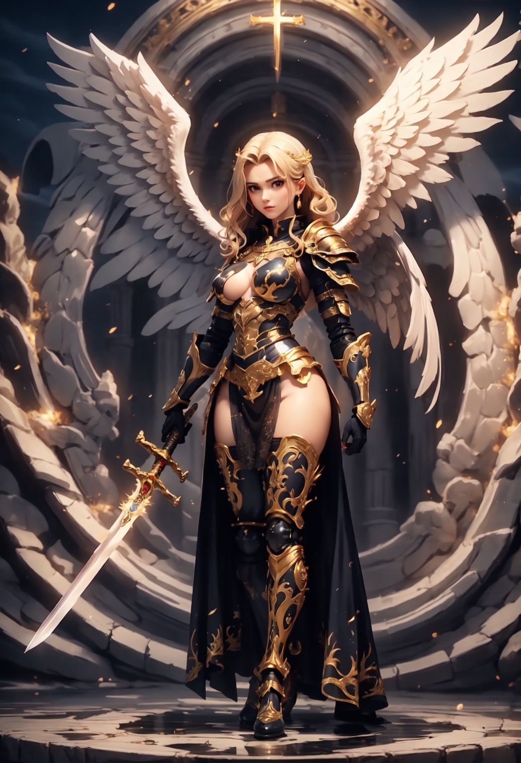 RAW photo, extremely delicate and beautiful, masterpiece, Best Quality, ultra high resolution, 16k, hyperrealistic, ultra-detailed, Very detailed CG 8k wallpaper, (best quality),(extremely intricate), (realistic), (sharp focus), (cinematic lighting), (extremely detailed), 

The girl angel warrior stands tall, her dual swords raised in the air. Her swords are long and slender, with blades that glow with a holy light. 

he archangel, standing aloft with thousands of angels, stands with his sword aloft.

She is wearing gleaming white armor, and 8 Angel Wings  are spread wide. She has a determined expression on her face, and her eyes are ablaze with determination. 

The girl angel warrior is not afraid. She has faced many challenges in her life, but she has always emerged victorious. She knows that she is fighting for what is right, and that gives her the strength to persevere. The girl angel warrior swings her swords, and the air crackles with energy. She is a force to be reckoned with, and her enemies should beware. Here is a more specific example of dual swords that the girl angel warrior could use: A pair of long, slender swords with silver blades and golden hilts. The blades are engraved with ancient runes that glow with a holy light. The hilts are shaped like a pair of angel wings, and they are encrusted with precious gems. These swords are not only beautiful, but they are also incredibly powerful. They are said to have been forged by a master swordsmith in the fires of heaven, and that they are imbued with the power of the angels. The girl angel warrior is the only one who can wield these swords to their full potential. She is a chosen one, and she has been entrusted with the task of protecting the innocent and fighting evil. With her dual swords in hand, the girl angel warrior is a unstoppable force. She is a champion of justice and a protector of the innocent. She is a beacon of hope in a world that is often dark and dangerous.,

Dragon armor, dragon slayer, dragon sword, the heavenly palace, the high-heaven palace, the angels preparing for battle, grant hall, shimmer lighting, black and white, cross bokeh,  soft focus background, vast view, 3d, midjourney ,no_humans, Dreamscape,

Beautiful Lighting, Perfect Lightning, Realistic Shadows, perfect anatomy, super Detailed skin, perfect figure,early 20s, pretty, sexy, highly detailed cute face, very large breast, voluminous breast, hourglass body shape, narrow waist, 

very small head, handsome detailed woman, very detailed eyes and face, realistic face proportions, Stunning detailed eyes, Realistic beautiful face, very small face, Realistic beautiful eyes, makeup, earring, bare legs, beautiful and very shiny thin legs, beautiful and very thin thighs,

Cute girl, long curly blonde hair, a pure white dress, blue eyes, fabulous white see-through korea-style clothes with complex patterns, see-through lace, (see-through mesh stockings), long heel, jewelry and jewelry, floating silk ribbons, masterpiece, high detail, complex and detailed background, in the background the space, a small a trickle, early morning, dew on the leaves, a light fog has almost dissipated, a mystical atmosphere, volumetric lighting, thin with a graceful figure,

 low contrast, rooftop, ancient korea, dynamic move, at night, landscape photo, ,dragon ear, gullveig, fullbody,huoshen,mecha
,fireman,mecha,mecha musume, angel, wings,iron, metal, eight-wing archangel, 8 Angel Wings,

,fate/stay background,4rmorbre4k,EpicSky,marb1e4rmor