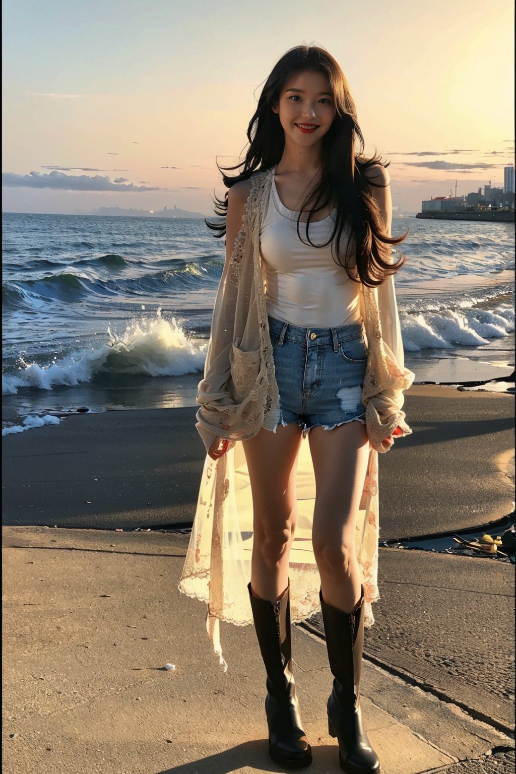 (masterpiece, top quality, best quality,1girls,Korean, beautiful face, smile, long hair, 19 years old, tank top, jacket, shorts, boots, hills, full body view, sunset,iulorashy,realhands