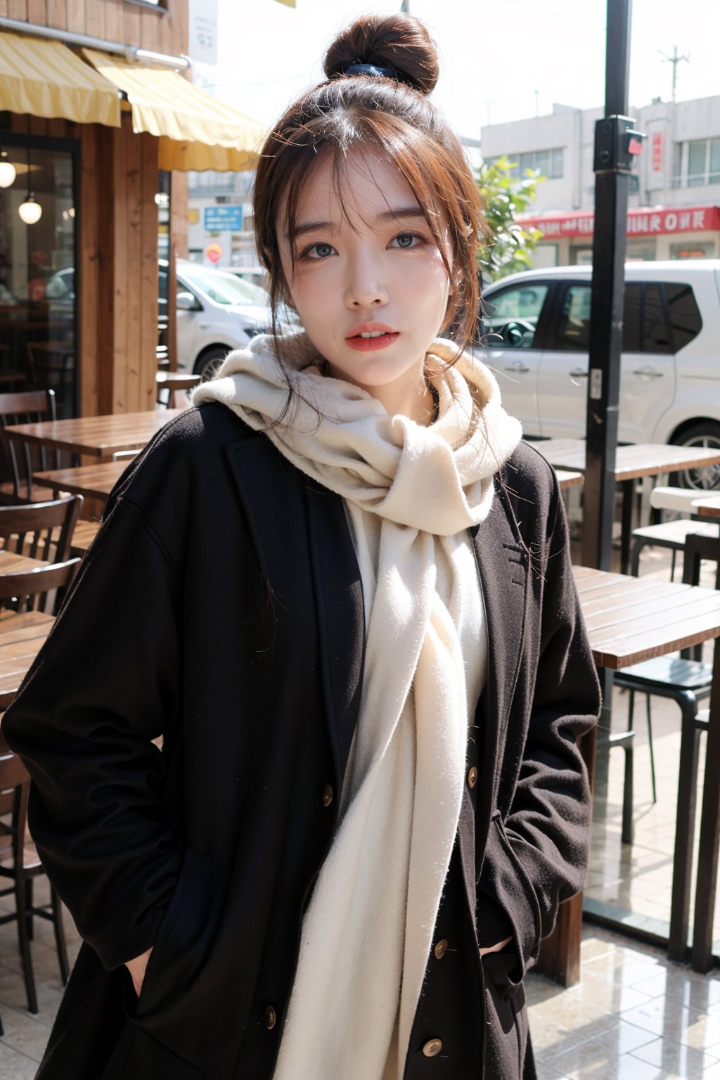 best quality, masterpiece, (photorealistic:1.4), 1girl, hairbun, long_sleeve, hoodie, coat, cold, scarf, skirts,outdoor, cafe, (happy:0.88)