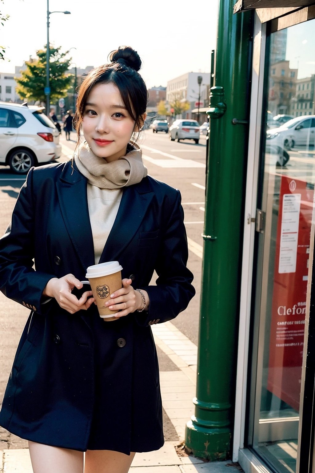 best quality, masterpiece, (photorealistic:1.4), 1girl, hairbun, long_sleeve, hoodie, coat, cold, scarf, skirts,outdoor, cafe, (happy:0.88), 