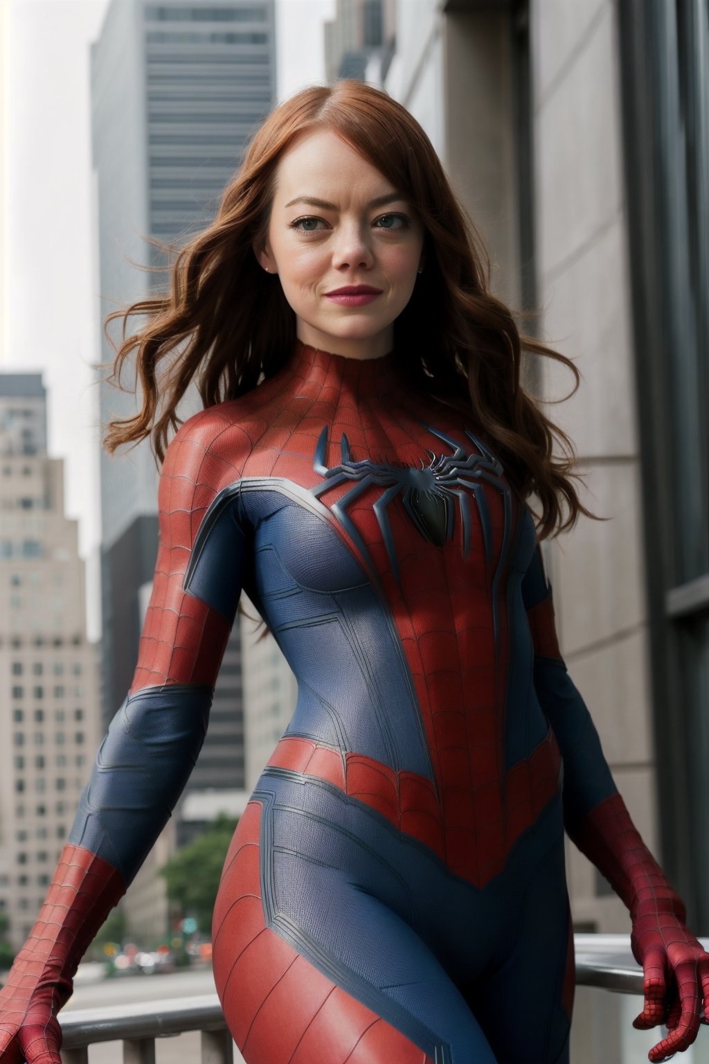 Emma Stone, gray eyes, full-body_portrait, photo realistic,  pores,  photograph,  50mm,  sharp focus,  high detail,  subsurface scattering, spider-man costume