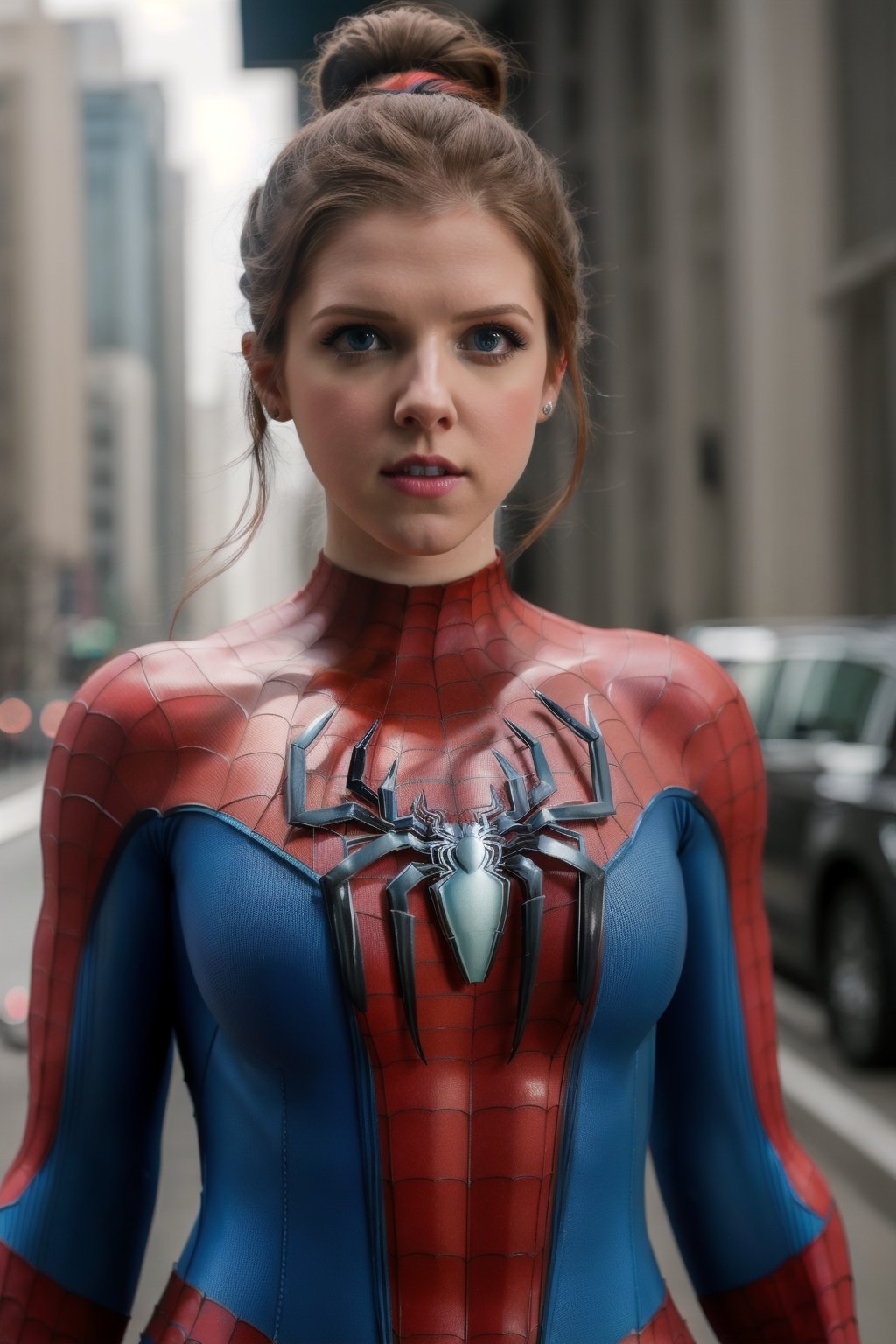 Anna Kendrick, blue eyes, hair up in a bun, full-body_portrait, photo realistic,  pores,  photograph,  50mm,  sharp focus,  high detail,  subsurface scattering, spider-man costume