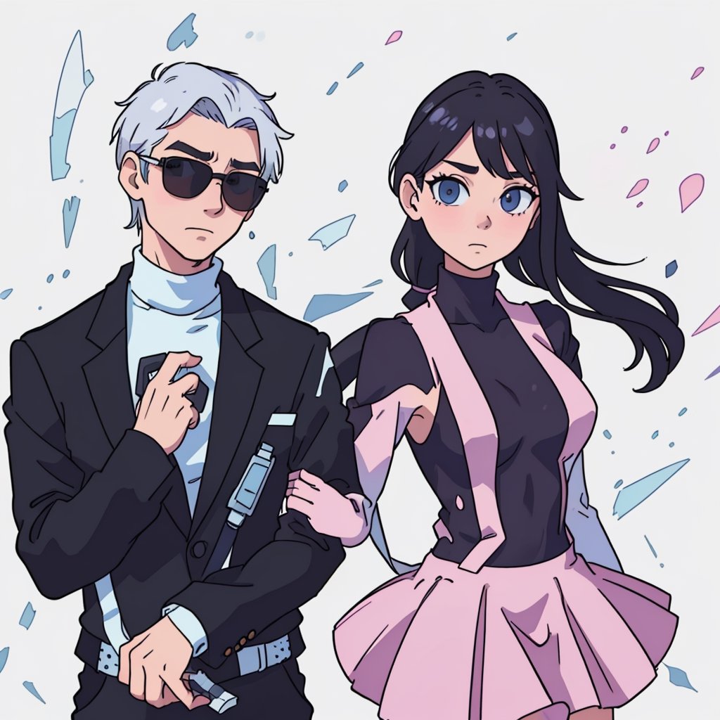 A masterpiece in 16K resolution, with the highest level of quality, sharpness and detail, a couple, the boy is wearing a white turtleneck sweatshirt and a black suit, he has dark sunglasses with light blue edges, the girl is wearing a complete black lycra suit, a pink skirt with pink straps and big boobs.,ANIME ,cartoon,Shadman,<lora:659111690174031528:1.0>