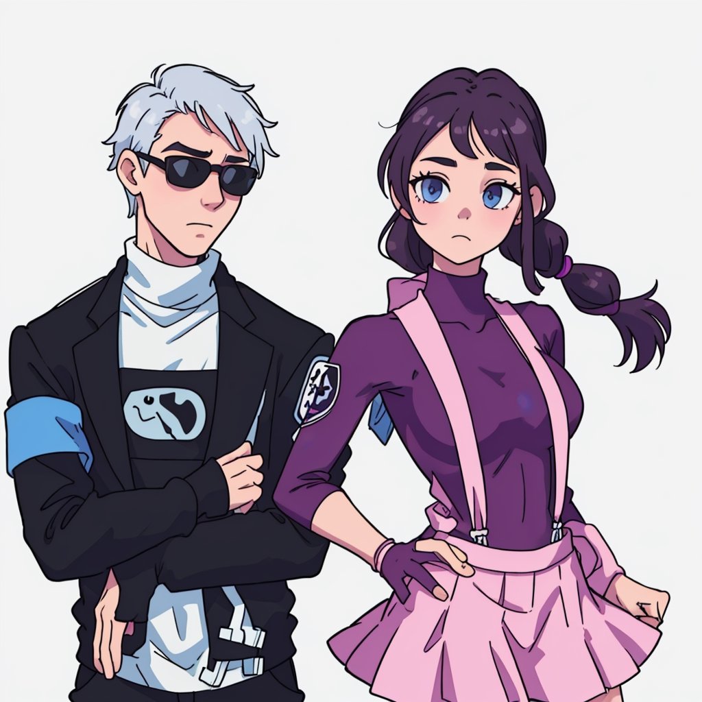 A masterpiece in 16K resolution, with the highest level of quality, sharpness and detail, a couple, the boy is wearing a white turtleneck sweatshirt and a black suit, he has dark sunglasses with light blue edges, the girl is wearing a complete black lycra suit, a pink skirt with pink straps and big boobs.,ANIME ,cartoon,Shadman,<lora:659111690174031528:1.0>