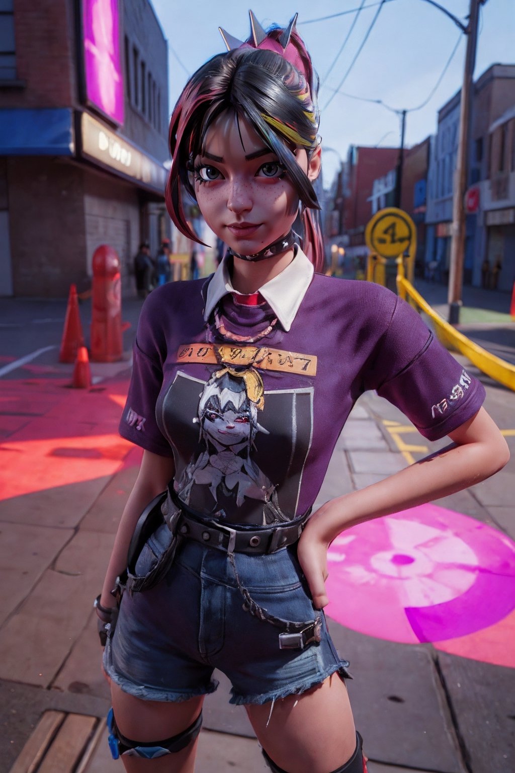 (top-quality,8K,32K,​masterpiece,UHD:1.3),ultra high res,(Photorealsitic:1.4),RAW photo,18-year-old punk girl,A detailed cute face,Radical punk fashion,hot pants,Wacky makeup,A pink-haired,8 life size,London Street background,Backlight effect, lens flare,depth of fields,blurry backround,Detailedface,Detailedeyes,(((xyzhelsie))),b1mb0