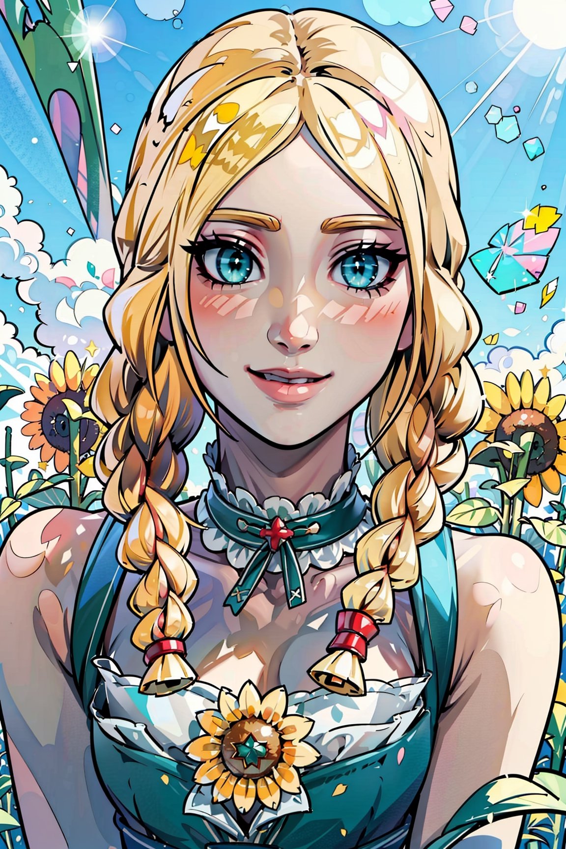 (masterpiece, best quality, highres:1.3), ultra resolution image, (1girl), (solo), kawaii, blonde hair, long flowing hair, emerald eyes, gentle breeze, sunflowers, sunflower field, petal, sparkling magic, (soft sunlight:1.3), fantasy, nature accessories, happy,xHeidi