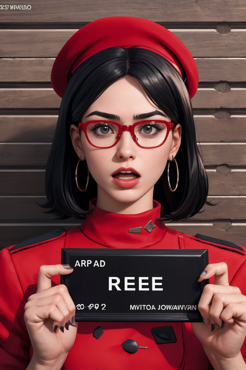 1girl,25 years, black hair, earrings, english text, fake cover, red beret,,red-framed_glasses,jewelry, lips, sort hair, looking at viewer, magazine cover, photo \(medium\), realistic, solo,
good anatomy, masterpiece, best quality, 4k, 8k, 1girl,concept_barbie_mugshot_ownwaifu, holding, barbie_mugshot_(meme), height_mark, height_chart, nameplate, (holding sign:1.1),(((sign whith leters "R.U.E."))), letterboxed, looking at viewer, meme, mugshot, open mouth, solo, upper body,xRue