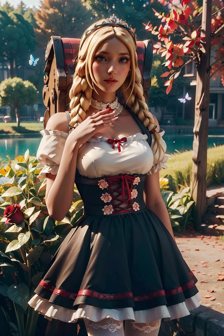 (beautiful detailed eyes), glowing eyes, seductive eyes , beautiful detailed eyes, (best quality, masterpiece, illustration, designer, lighting), (extremely detailed CG 8k wallpaper unit), (detailed and expressive eyes), detailed particles, beautiful lighting , (blond hair:1.5), (LONG HAIR), (( a girl,big breasts)),wearing a teddy bear tiara, donning a beautiful black and red dress with ruffles and lace, sheer black stockings, black crystal high heels, chest bows, butterflies ,background(butterflies, Rose, sunset , palace ,trees, ship on lake), (on wall) ,grass,road of flowers,perfect,fingers,hand drow,perfect,fingers,hand,marin,asuna yuuki,1 girl,(((xHeidi)))