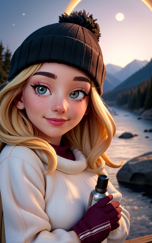 photorealistic, best quality, hyper detailed, beautiful woman, selfie photo, upper body, solo, wearing pullover, outdoors, (night), mountains, real life nature, stars, moon, (cheerful, happy), sleeping bag, gloves, sweater, beanie, flashlight, forest, rocks, river, wood, smoke, fog, clear sky, analog style, looking at viewer, skin texture, film grain, close up, ultra high res, best shadow, RAW, instagram LUT,Realism,Epic, bohemian dress and accessories