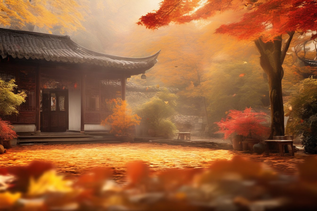 China, backyard, autumn, masterpiece, best quality, photorealistic,